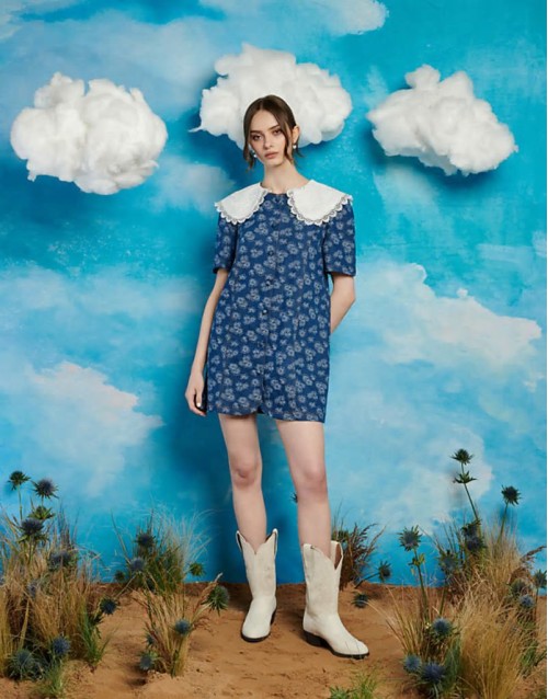 contrast collar denim mini dress in blue