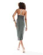 strappy backless contrast trim textured maxi dress in khaki green