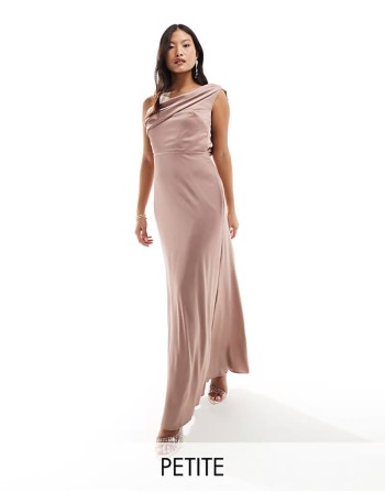 Bridesmaid satin one shoulder drape maxi dress in rose pink
