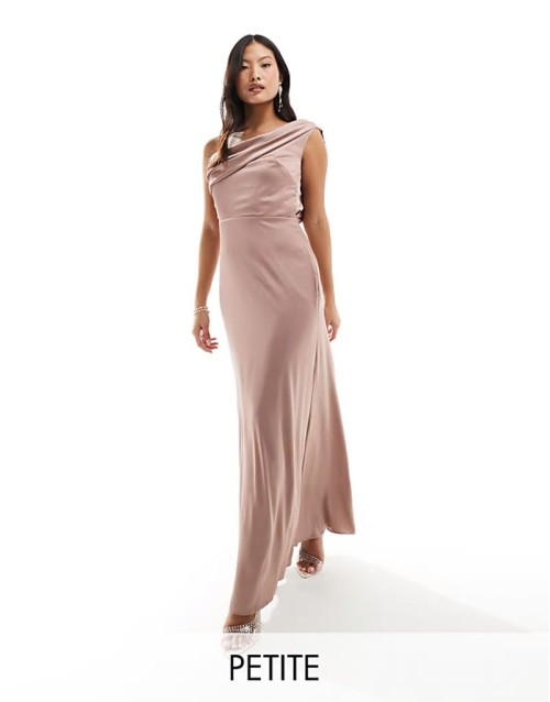 Bridesmaid satin one shoulder drape maxi dress in rose pink