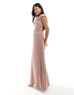Bridesmaid satin one shoulder drape maxi dress in rose pink
