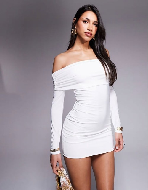 double layered slinky  foldover bodycon mini dress in white