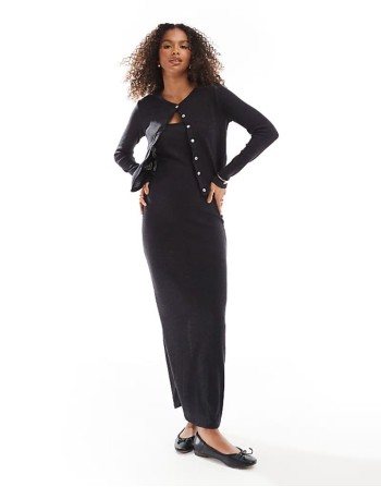 soft ribbed cami ankle dress co-ord in black melange