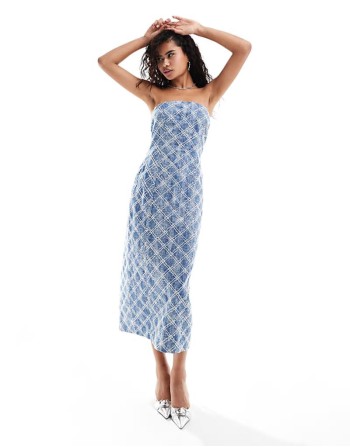 textured denim bandeau midi dress in midwash blue