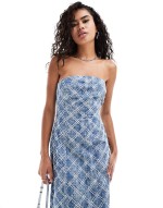 textured denim bandeau midi dress in midwash blue