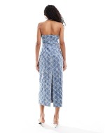 textured denim bandeau midi dress in midwash blue