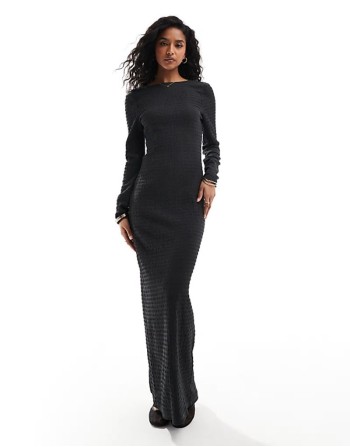 long sve ribbed maxi dress in charcoal grey
