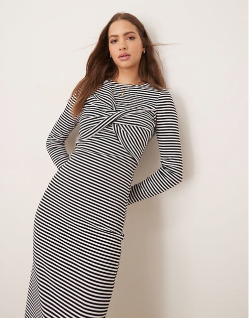twist bust long sve midi dress in blue stripe