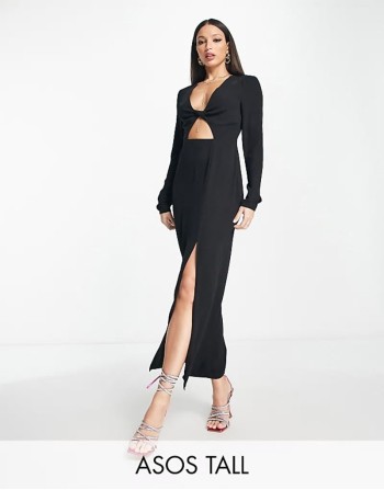 Tall cutout twist midi tea dress in black