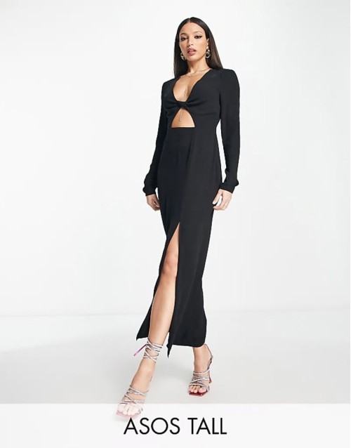 Tall cutout twist midi tea dress in black