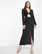 Tall cutout twist midi tea dress in black