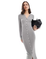 ribbed button through midaxi knit dress in light grey