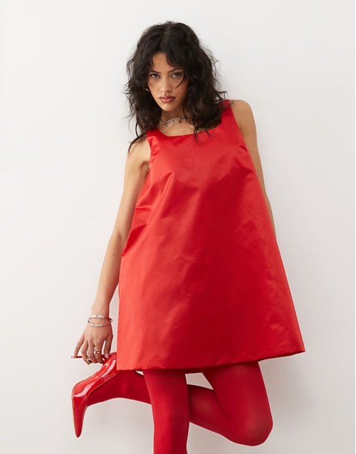 satin look pinafore mini dress in red
