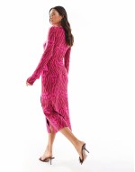 animal knit wrap midi dress in pink