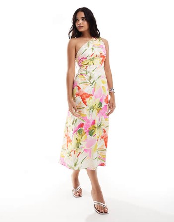 one shoulder midaxi dress in bright floral