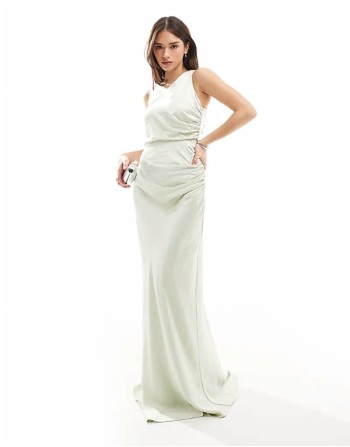 Bridesmaid asymmetric cowl satin maxi dress in mint green