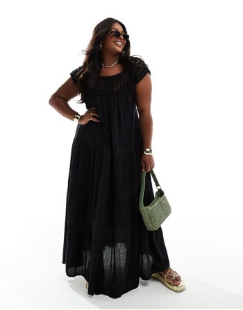 Curve crochet swing tiered maxi dress in black