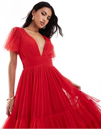 Madison v neck tulle midi dress in red
