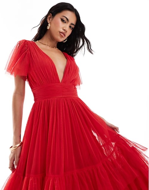 Madison v neck tulle midi dress in red