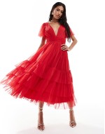 Madison v neck tulle midi dress in red