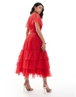 Madison v neck tulle midi dress in red