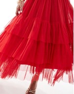 Madison v neck tulle midi dress in red