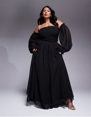 off shoulder balloon sve maxi dress in black