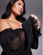 off shoulder balloon sve maxi dress in black