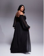 off shoulder balloon sve maxi dress in black