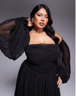 off shoulder balloon sve maxi dress in black