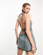 Geri strappy denim mini dress in stained blue