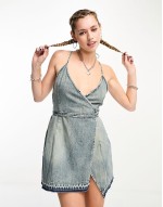Geri strappy denim mini dress in stained blue