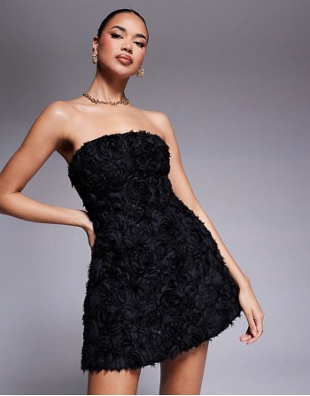 exclusive structured bandeau 3d floral mini dress in black