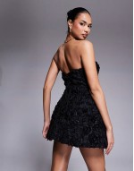exclusive structured bandeau 3d floral mini dress in black