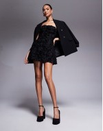 exclusive structured bandeau 3d floral mini dress in black