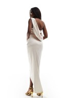 ruched satin one shoulder maxi dress in oyster