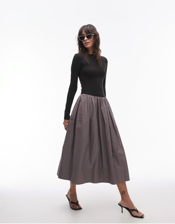pixi long sve volume midaxi dress in black and grey
