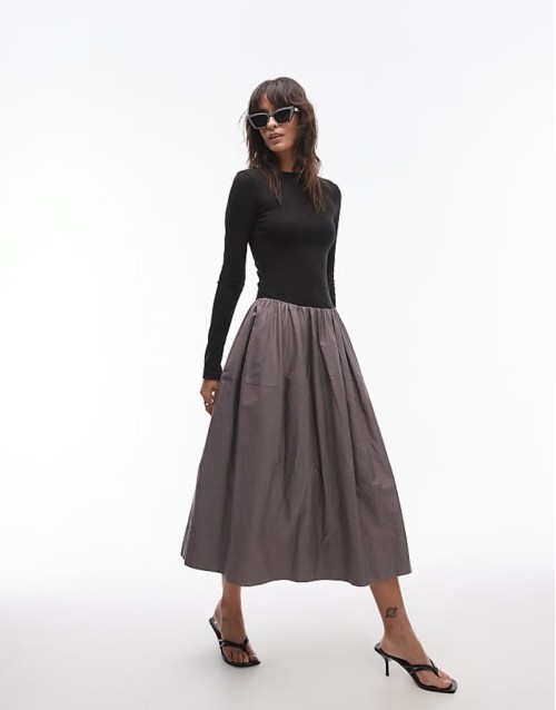 pixi long sve volume midaxi dress in black and grey
