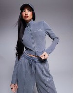 co-ord waffle wide leg jogger and sweatshirt with logo in acid washed grey - CHARCOAL