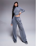 co-ord waffle wide leg jogger and sweatshirt with logo in acid washed grey - CHARCOAL