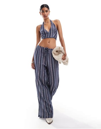 Premium halterneck stripe waistcoat and tie waist straight leg trousers set in purple