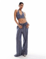 Premium halterneck stripe waistcoat and tie waist straight leg trousers set in purple
