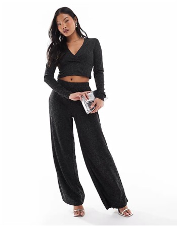 Premium cross front top and wide leg trouser set in black glitter