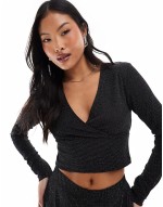 Premium cross front top and wide leg trouser set in black glitter
