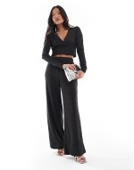 Premium cross front top and wide leg trouser set in black glitter