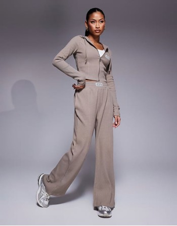 Weekend Collective co-ord waffle zip through hoodie and wide leg trouser in neutral